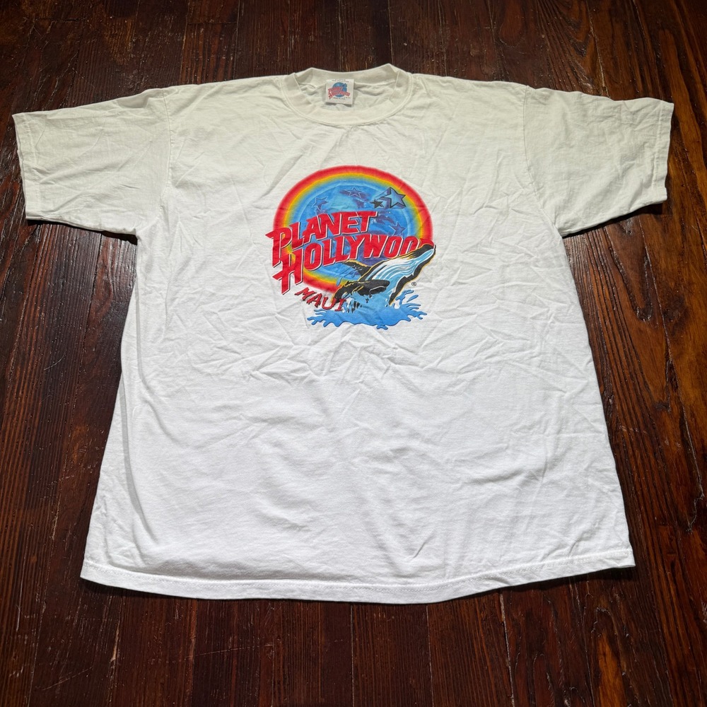 Vintage 1991 Planet Hollywood Maui Shirt Mens XL White Whale Rainbow Graphic 90s
